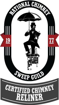 Man in suit ,wearing a top hat and holding an umbrella sitting on top of a brick chimney. NCSG national chimney sweep guild spelled out next to it. Certified chimney reliner