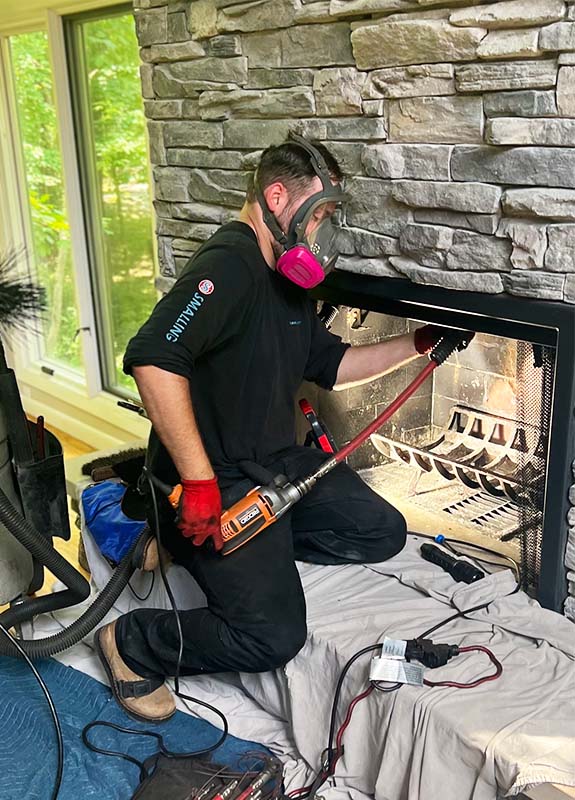 Tech wearing safety gear performing a cleaning on a gray stone chimney with tarps on the hearth and floor and sliding glass doors to the left.