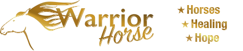 A gold outline of a horse. Next to the horse reads"Warrior Horse- Horses, Healing Hope"