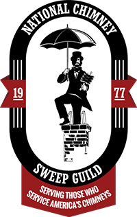 Man in suit, wearing a top hat and holding an umbrella sitting on top of a brick chimney. NCSG national chimney sweep guild spelled out next to it.