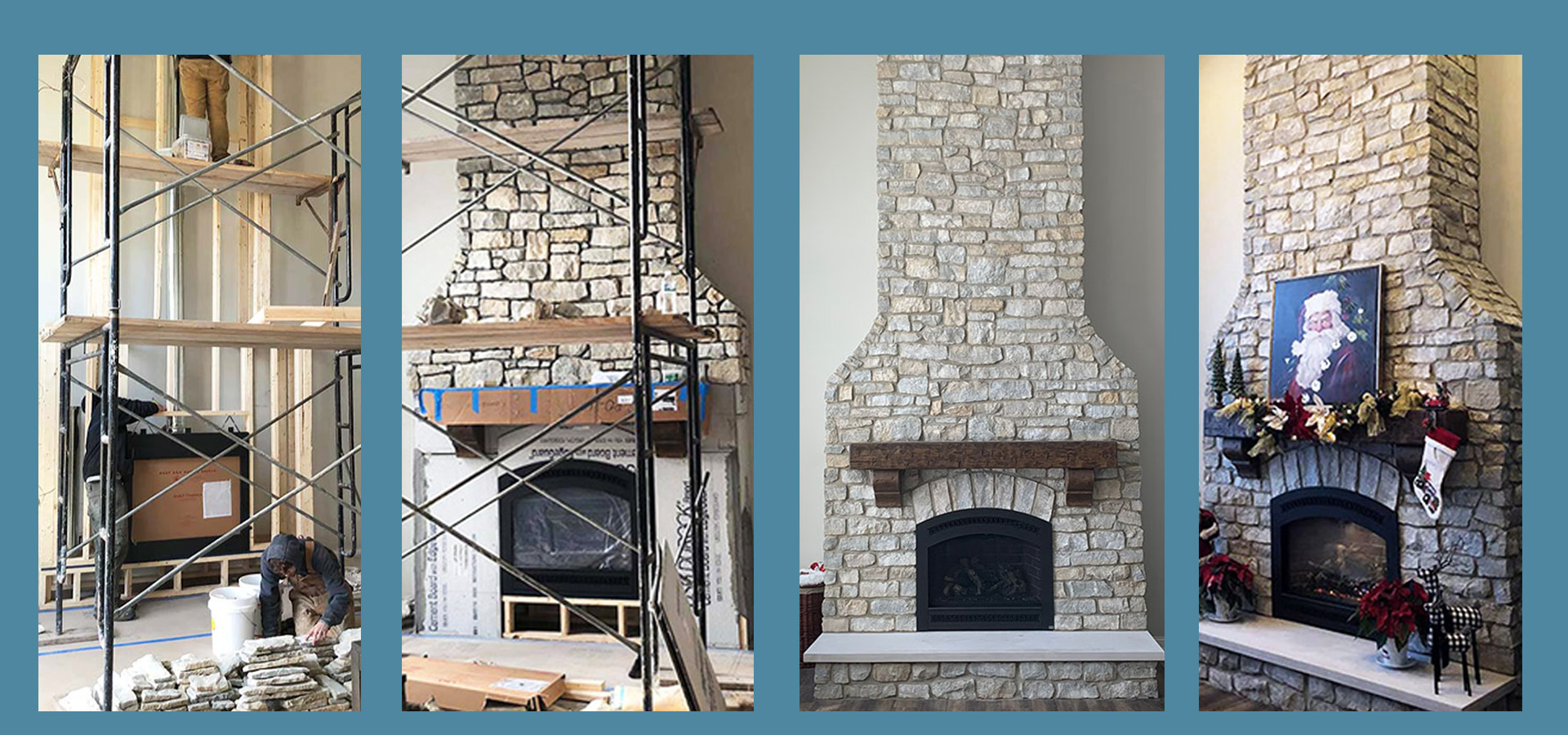 Progression of fireplace being built