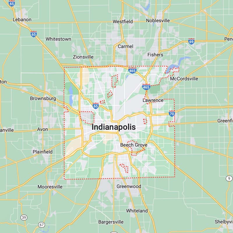 Service Area map of Indianapolis and surrounding areas from google.