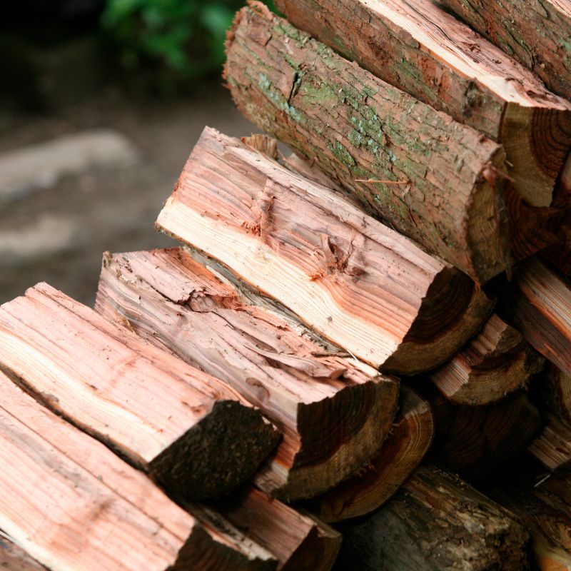 a stack of firewood that's been chopped to short lengths and split